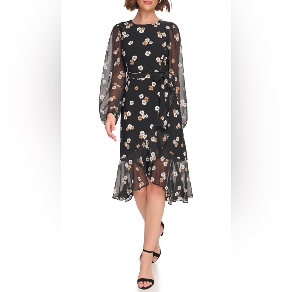 Tommy Hilfiger Women's Jersey Stretch Chiffon Long Sleeve Black Floral Dress